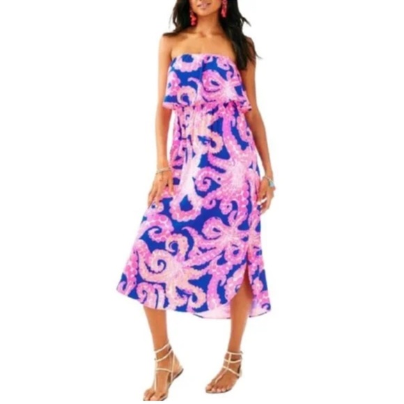 Lilly Pulitzer Meridian Strapless Midi Dress Ikat Blue Mocean Style 29525 Small - Picture 3 of 9